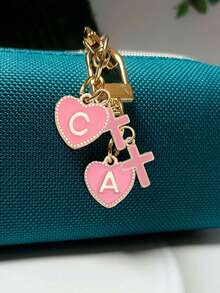 Pink Heart-Shaped Letter Pendant Keychain, A-Z Letter Bag Charm, Delicate & Compact, With Cross Accessory, Jesus, Religious, Alloy Fashion Charm Keyring, Personalized Letter Keychain, Suitable For Backpack, Wallet, Earphone Case, Ideal For Vacation, Travel, Date, Study, Work, Church, Prayer, Beach And Couples, Perfect Gift For Friends, Family And Couples, Also A Fashionable Mother's Day Gift, Bag Charm - Pink - View 5
