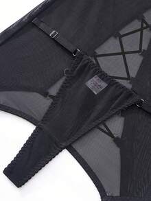Women's Bra With Mesh Fabric Complex Design, Garter Belt, Lingerie - Black - View 11