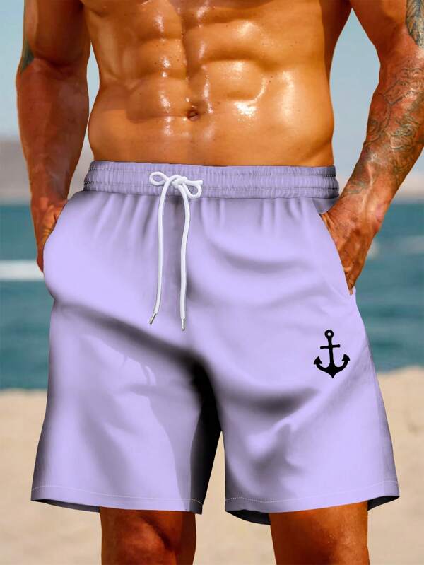 Pantalones cortos de playa informales para hombres con cintura de cordón, sin forro, con impresión digital 3D de ancla de océano hawaiano para deportes al aire libre y la playa