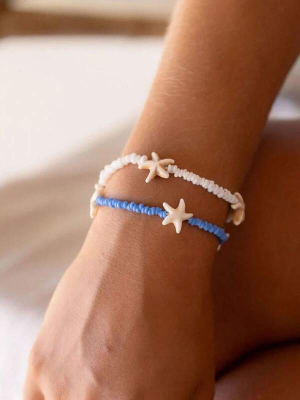 2pcs/Set Summer Holiday Style Fashion Turquoise Starfish Bracelets, Suitable For Women Daily, Beach, Party, Gift
