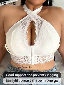 Plus Size Women Front Closure Lace Patchwork Bra, Soft & Comfortable Wireless Bra With Removable Padded, Halter Design - White - View 3