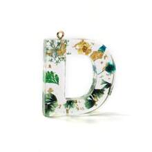 1pc Resin Dried Flower Letter Pendant, Floral Leaf & Golden Sequin Design, For DIY Keychains, Bag Charms, Etc.