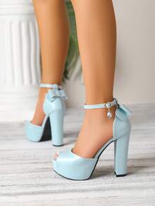 Gentle Style Bowknot Thick Sole Chunky Heel Sandals Women's Rhinestone Pendant Ankle Strap Open Toe Party Bridal Height-Increasing Pumps - Baby Blue - View 4