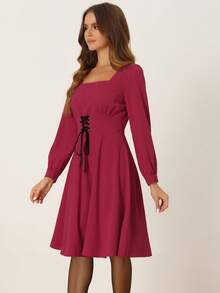 Women's Square Neck Lantern Long Sleeve A-Line Gothic Lace Up Dress - Red - View 2