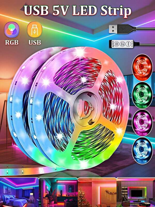 3.28ft-100ft RGB LED Strip Lights, USB 5V 3535SMD Chips, 3-Key Controller, Suitable For Home Decor, Party, Holiday Lighting, Living Room, Bedroom, TV Background
