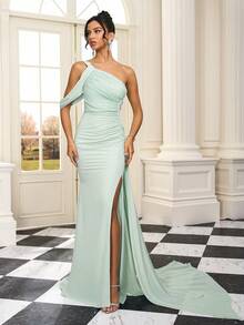 Green Sexy Off-Shoulder Evening Gown, Romantic Wedding Guest Bridesmaid Party High Slit Asymmetrical Dress - Mint Green - View 7
