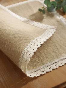 1pc Natural Linen Color Lace-Trimmed Placemat, Heat Insulation Suitable For Meal Atmosphere Improvement And Decoration