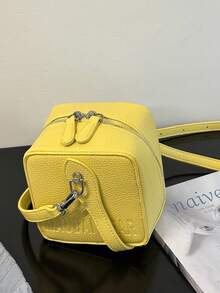 1 Pc New Style Girls' Solid Color Pu Material Cube, Shaped Mini Handbag With Zipper Closure, Interchangeable Shoulder Strap For Crossbody Or Hand Carry, Fashionable For Outings, Shopping, Parties, And Gift For Friends - A - View 7