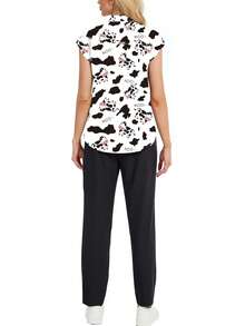 2pcs Cow Print V-Neck Crop Top & Pants Lounge Set Scrub Set - Multicolor - View 3