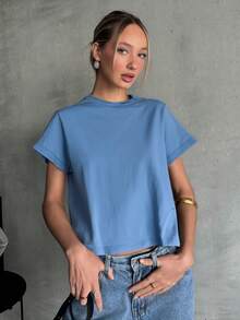 Playera basica dama mujer manga corta cuello redondo fresca ligera - Azul - Ver 1