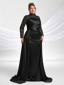 YISIKADO 大码女式优雅奢华网眼亮片高领长袖缎面可拆卸斗篷连衣裙，适合派对正式晚会舞会长裙婚礼宾客宴会晚宴 - 黑色 - 查看 4