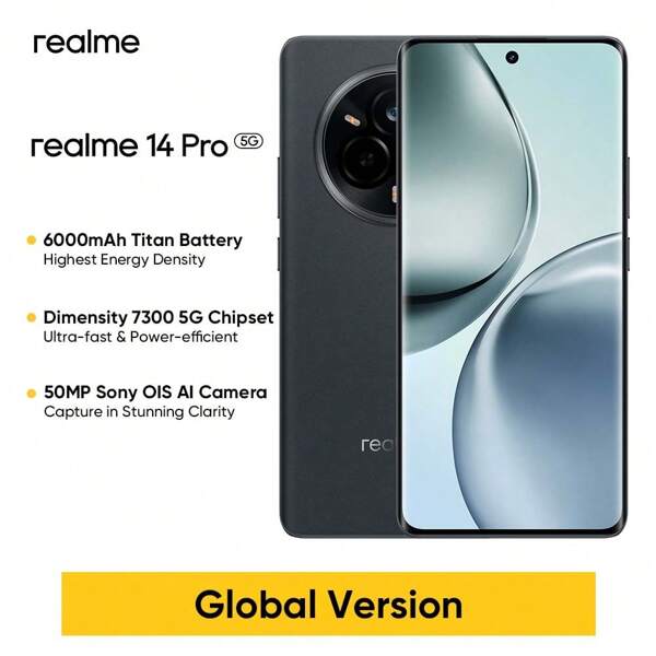 Realme 14 Pro Unlocked Cellphone 8GB+256GB / 12GB+512GB Global Version, AI 5G LTE, Andriod 15 Smartphone, MediaTek D7300E Processor Mobile Phone, 6000mAh Long-Life Battery Celulares 45W Fast-Charging