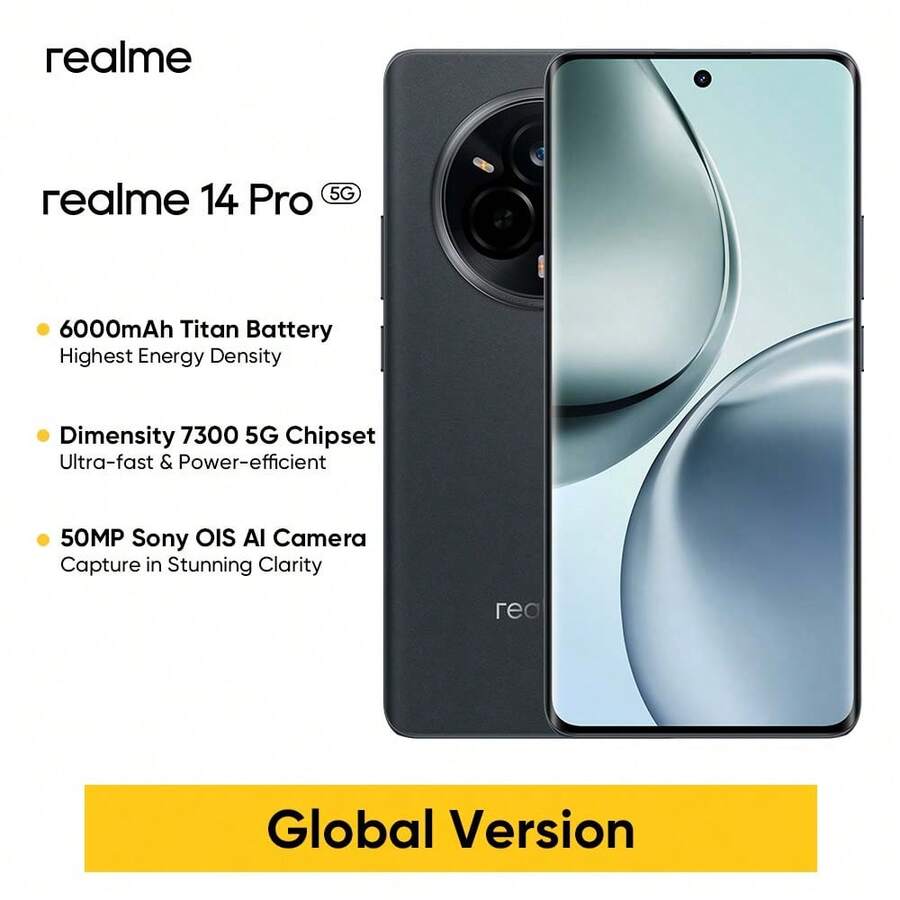 Realme 14 Pro 解锁手机 8GB+256GB / 12GB+512GB 全球版，AI 5G LTE，安卓 15 智能手机，联发科 D7300E 处理器手机，6000mAh 长寿命电池，45W 快速充电 - 灰色 - 查看 1