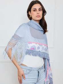 Women's Leopard Print Tassel Trim Fashion Scarf, Suitable For Daily Wear - Navy Blue - View 2