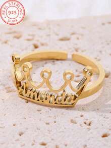 A 925 Silver Custom Fashion , Luxury Crown Hollow With English Name Custom Open Ring, Fashion Daily Banquet Party Music Festival Dance Party Dressing Accessories.