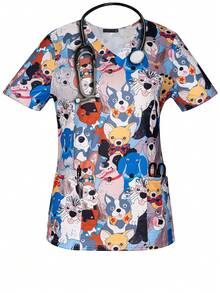 Women's Spring & Summer Cartoon Dogs V-Neck Scrub Short Sleeve Nurse Uniform Tops With Pockets For Women - Multicolor - View 1