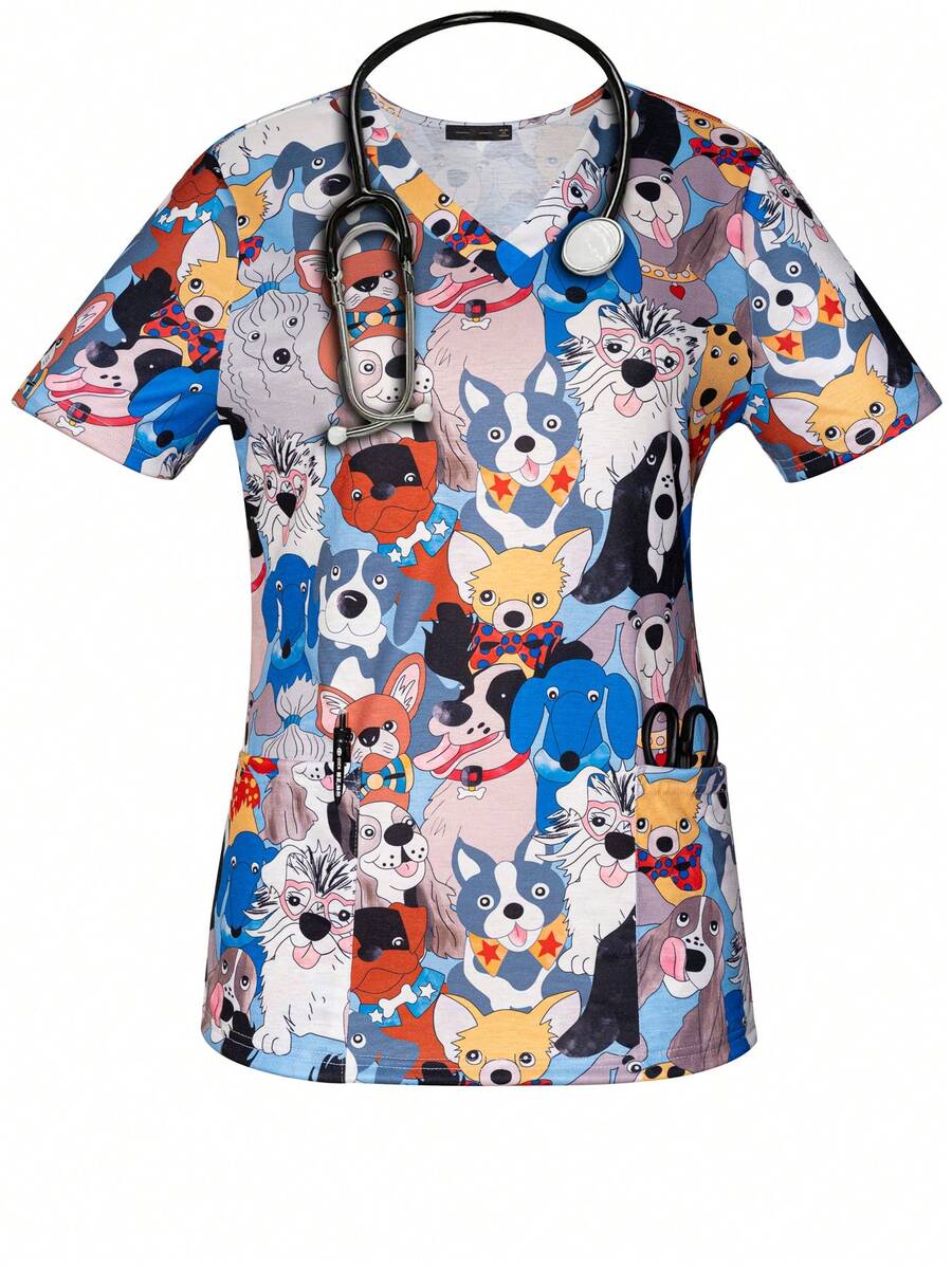Women's Spring & Summer Cartoon Dogs V-Neck Scrub Short Sleeve Nurse Uniform Tops With Pockets For Women - Multicolor - View 1