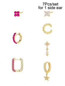 7 Stück/Set Ohrringe für Frauen, goldfarbene Ohrklemme mit Zirkonia, Ohrstecker, Creolen, Ohrringe für Frauen, Schmuckzubehör für den Strandurlaub - 7 Stück/Set (für 1 Seitenohr) - Übersicht 3