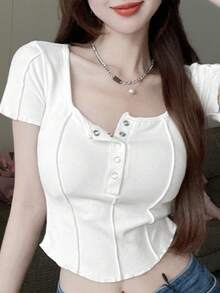 纯色罗纹针织半扣修身短袖T恤 - 白色 - 查看 5