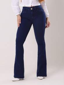 Women's Premium Flare Butt Lifting Jeans With Elastane Lycra High Waist Shaping Dark Blue High Waist - Rửa tối - Xem 2