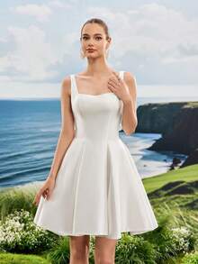 夏季巴洛克缎面生日派对婚礼宾客短礼服，白色优雅新娘送礼会礼服，新娘