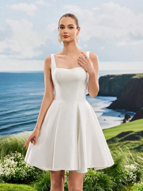 Vestido curto de cetim barroco Summer Bardot para festa de aniversário, convidado de casamento, vestido de chá de panela branco elegante, noiva