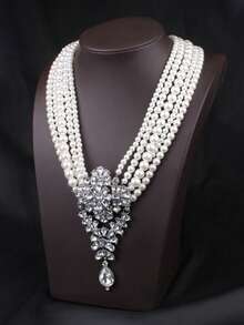 [奢华珍珠项链] 优雅多串仿珍珠项链 - 奢华水晶吊坠，女士派对宴会配饰 - 珍珠款 - 查看 3