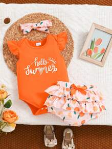 Conjunto de 2 piezas para recién nacida: body de manga corta con estampado de letras azul y cubrepañal con estampado floral, conjunto primaveral adorable