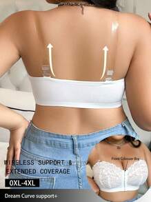 Plus Size Women Front-Closure Lace Patchwork Bra, Minimalist Wireless Comfortable Lingerie