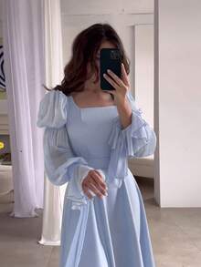 优雅女士长款修身梭织连衣裙，透明长袖，圆领，休闲风格