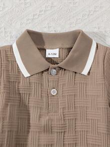 2pcs/Set Infant Boys' Summer Polo Collar Jacquard Solid Color Top And Shorts Casual Fashion Outfit
