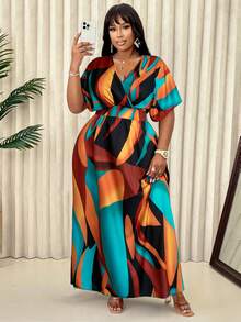 Plus Size Women Bat Print Short Sleeve Casual Vacation Dress (Pattern Randomly Chosen) - Orange Blue - View 2