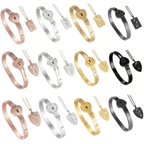1 طقم قلب قفل وسلسلة مفتاح قلادة وسوار، مناسب للارتداء اليومي