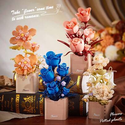 1 bộ + 1 bộ xếp hình gấu bông và hoa tự lắp ráp, các khối xếp hình hình gấu nhỏ, đồ trang trí bàn làm việc sáng tạo, đồ chơi giảm căng thẳng, quà tặng sinh nhật/tốt nghiệp/Halloween/Giáng sinh.