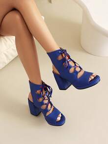 Bottes à lacets de couleur foncée, sandales gladiateur à talons hauts et épais, ajourées, à la mode pour l'été, sandales noires à talons hauts