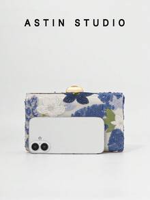 1pc Floral Sequin Decorated Clutch Bag, Elegant Party Purse, Romantic Blue Bridal Wedding Handbag, Luxury Shiny Evening Bag Suitable For Balls, Galas, Gifts With Detachable Chain - Blue - View 3