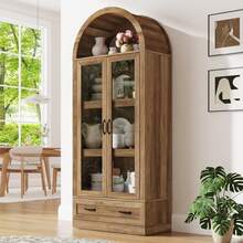 75" Tall Arched Kitchen Pantry Cabinet W Load-Bearing Steel Pipe,Modern Farmhouse Kitchens Storage Cabinet With Drawer And Glass Doors,Tall Arched Bookcase,Pantry Organizer For Living Room - 自然的 - 查看 1