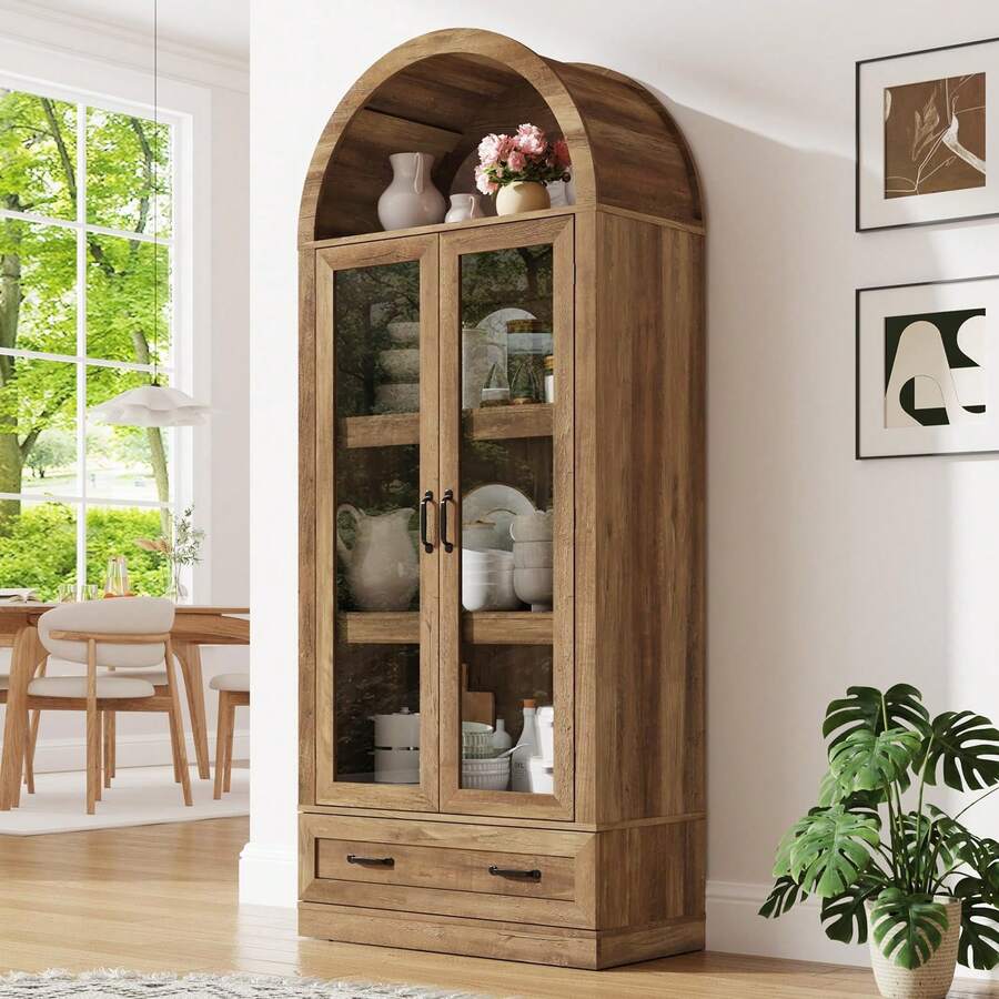 75" Tall Arched Kitchen Pantry Cabinet W Load-Bearing Steel Pipe,Modern Farmhouse Kitchens Storage Cabinet With Drawer And Glass Doors,Tall Arched Bookcase,Pantry Organizer For Living Room - 自然的 - 查看 1