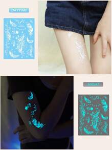 4 Hojas de pegatinas de tatuajes luminosos de plumas azules y serpientes para mujeres y niñas, diseño blanco de pulsera y collar falso tatuajes para la cara, el pecho, el brazo y los dedos, que brillan en la oscuridad, suministros de decoración y favores para bodas, discotecas y festivales musicales