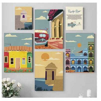 1pc Frameless Puerto Rico City Colorful Travel Landscape Poster Vintage Painting Printing Canvas Wall Arts Modern Minimalist Living Room Bedroom Dormitory Study Cafe Office Wall Decoration Home Decoration ,Wall Art With Frame