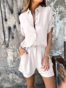 2pcs/Set Women Casual Loose Stylish And Elegant Shirt And Shorts White Summer - White - View 7