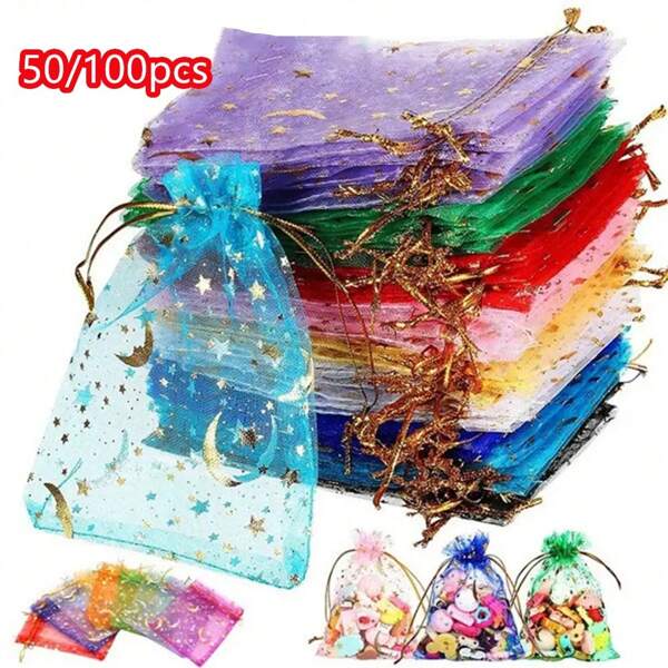 50pcs/100pcs Per Pack Star & Moon Pattern Sheer Drawstring Bags, Solid Color Wedding Candy Bags, Cosmetic Gift Packaging Jewelry Storage Mesh Bags For Birthday Wedding Festival Party