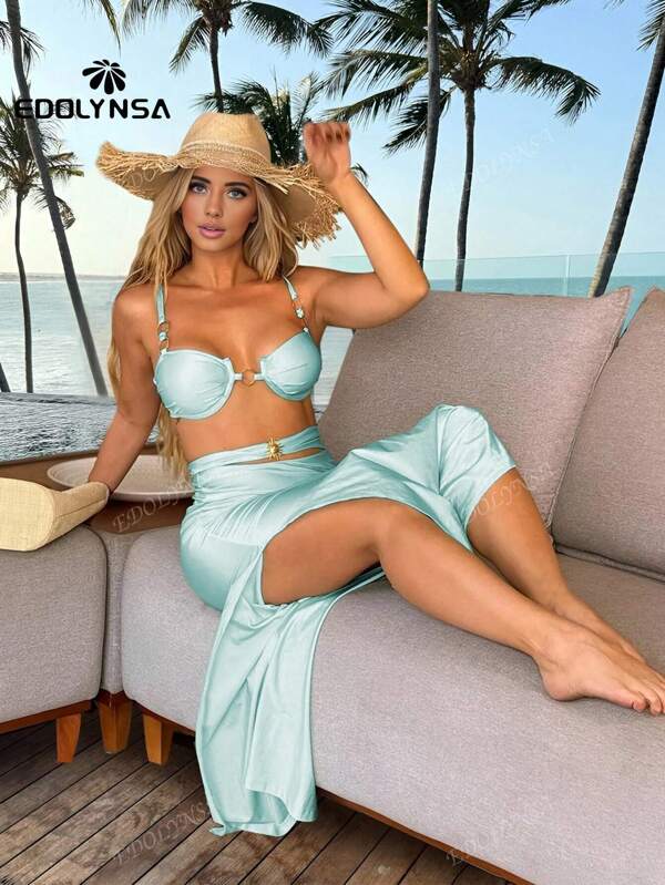3 pièces Ensemble de bikini soleil pour femmes 2025 Maillot de bain sexy avec jupe longue Couvre-chef Push Up Maillot de bain Femme Biquini Vêtements de plage