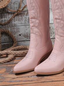2025 Spring/Autumn New Women Plus Size Embroidered Western Style Leather Knee-High Boots, Outdoor Fashion