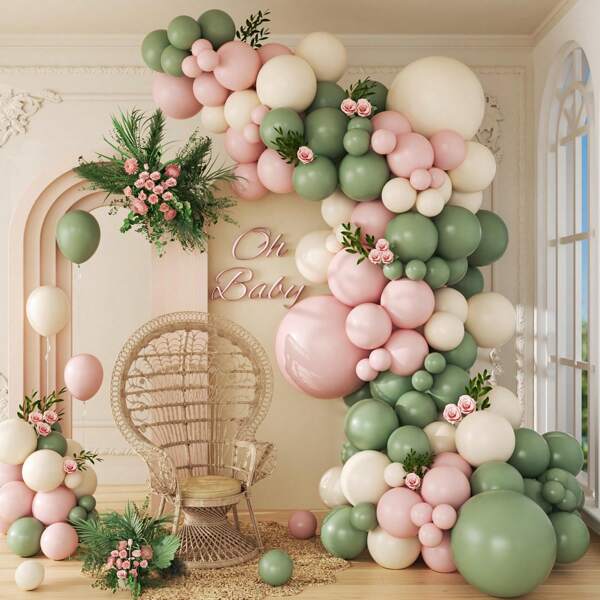 96pcs Pink & Green Balloon Arch Garland Set, With Light Green & Pastel Pink & Ivory Balloons, Suitable For Birthday, Bridal Shower, Party, Boho Baby Shower Decoration