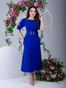 Plain Midi Dress With Zipper On The Back Comes With A Belt With Gold Buckle With Front Slit Elegant Sophisticated And Modest - Royal Blue - View 2
