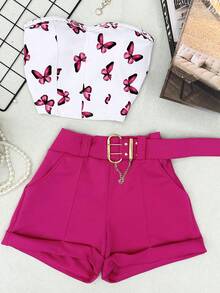AMYLAN FASHION Neoprene Set Of Butterfly Crop Top With Padding + Shorts With Belt - Màu Hồng Tươi - Xem 1
