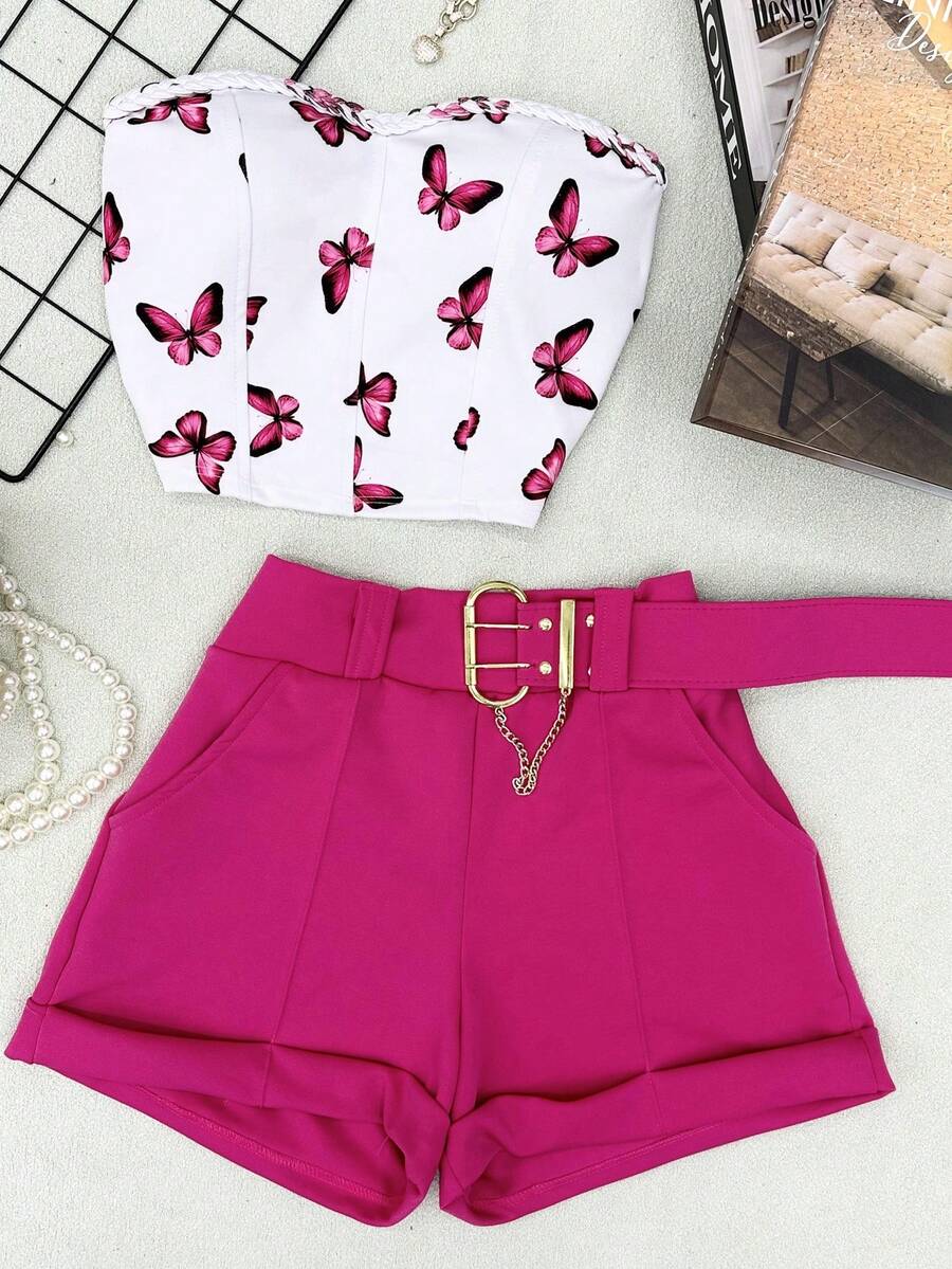 AMYLAN FASHION Neoprene Set Of Butterfly Crop Top With Padding + Shorts With Belt - Màu Hồng Tươi - Xem 1
