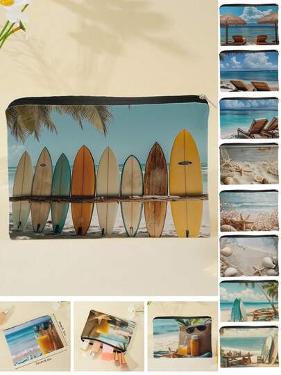 1pc Beach Printed Travel Cosmetic Bag With Zipper, Women Toiletry Organizer Pouch, Gift For Friends & Teachers Make Up Bag