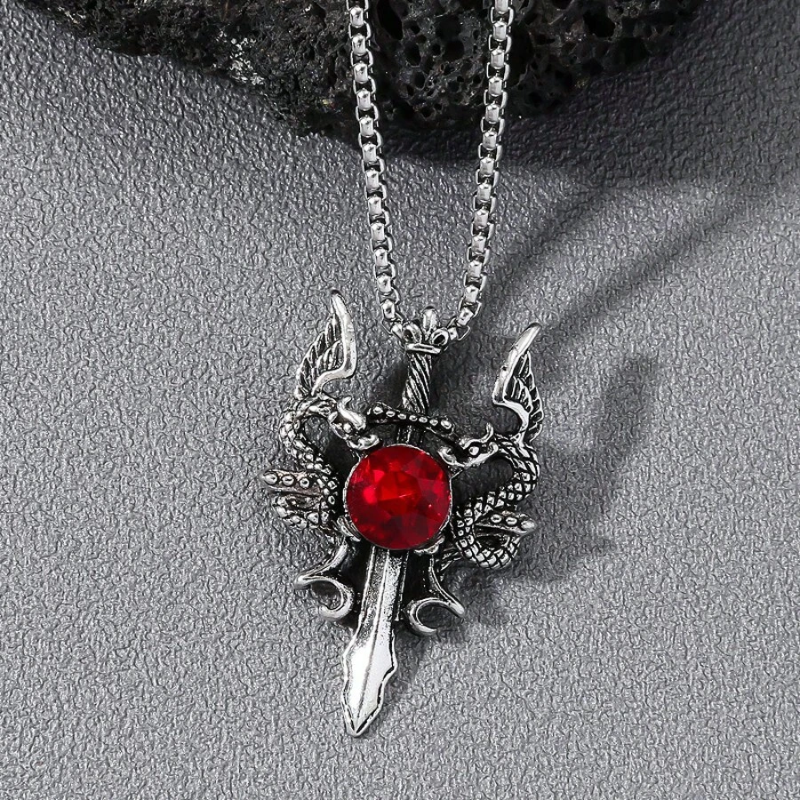 1 pieza Collar con colgante de gemelos de dragón con rubí y cristal de imitación de inspiración gótica, estética oscura adecuada para mujer y parejas